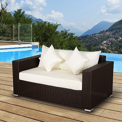 Outsunny Outdoor PE All Weather Rattan Loveseat Couch with 2 Throw Pillows and Comfortable Cushions in an Elegant Style