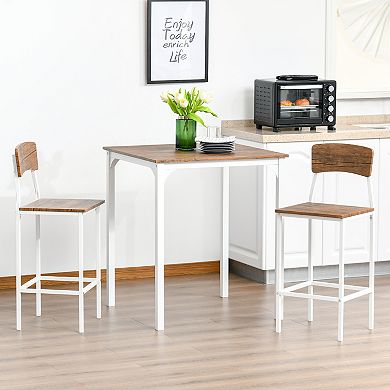 HOMCOM 3 Piece Industrial Dining Table Set Counter Height Bar Table and Chairs Set with Steel Legs and Footrests White
