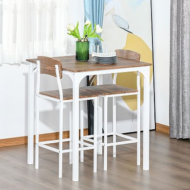 HOMCOM 3 Piece Industrial Dining Table Set Counter Height Bar Table and Chairs Set with Steel Legs and Footrests White