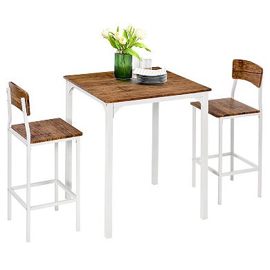 HOMCOM 3 Piece Industrial Dining Table Set Counter Height Bar Table and Chairs Set with Steel Legs and Footrests White