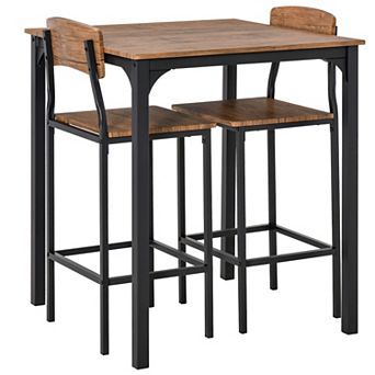 HOMCOM 3 pc Bar Table and Chairs Set for 2 with Steel Frame Walnut