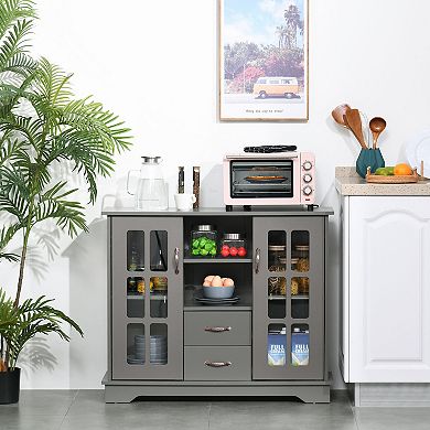 HOMCOM Modern Storage Console Cabinet with 2 Framed Glass Doors and 2 Drawers for Kitchen or Living Room White