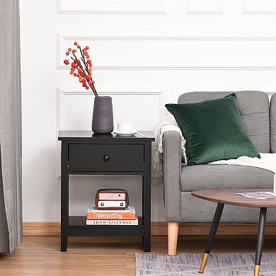 Freestanding Wooden Side Table With Storage Drawer And Bottom Shelf, Black