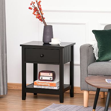 Freestanding Wooden Side Table With Storage Drawer And Bottom Shelf, Black