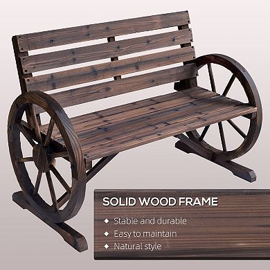 Wagon Wheel Bench, Wooden Outdoor Garden Accent Chair Loveseat, Carbonized