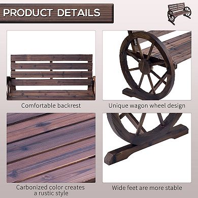 Wagon Wheel Bench, Wooden Outdoor Garden Accent Chair Loveseat, Carbonized