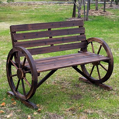 Wagon Wheel Bench, Wooden Outdoor Garden Accent Chair Loveseat, Carbonized
