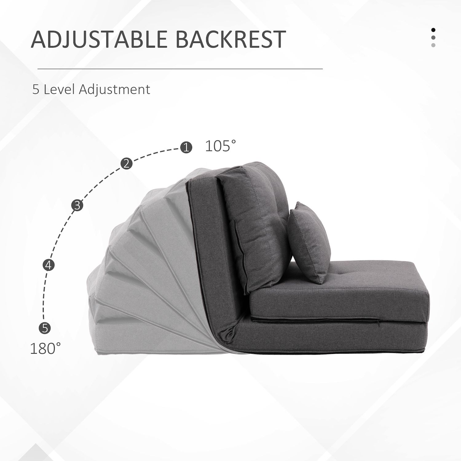 Adjustable backrest infographic showing 5-level positions for gray floor sofa bed