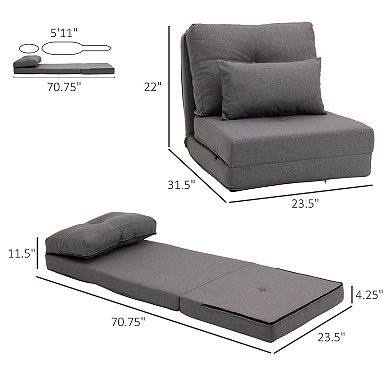 HOMCOM Convertible Flip Chair Floor Lazy Sofa Folding Upholstered Couch Bed with Adjustable Backrest Metal Frame and Pillows for Living Room and Bedroom Light Grey