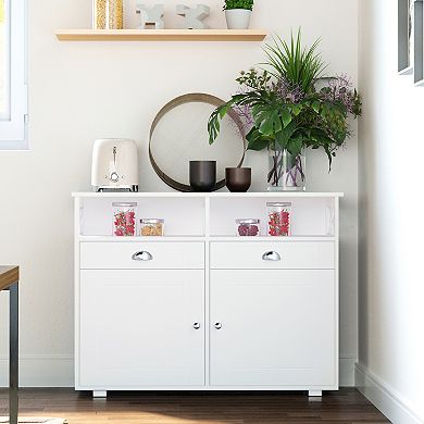 Modern Server Buffet Credenza With Adjustable Shelves And Cross Bar Design