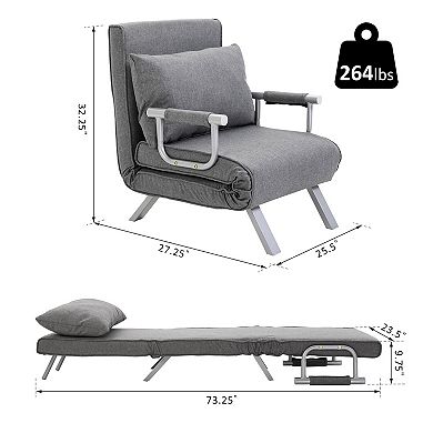 HOMCOM Single Person Folding 5 Position Convertible Sofa Bed Sleeper Chair Chaise Lounge Couch w/Pillow and Steel Frame for Home office Light Grey