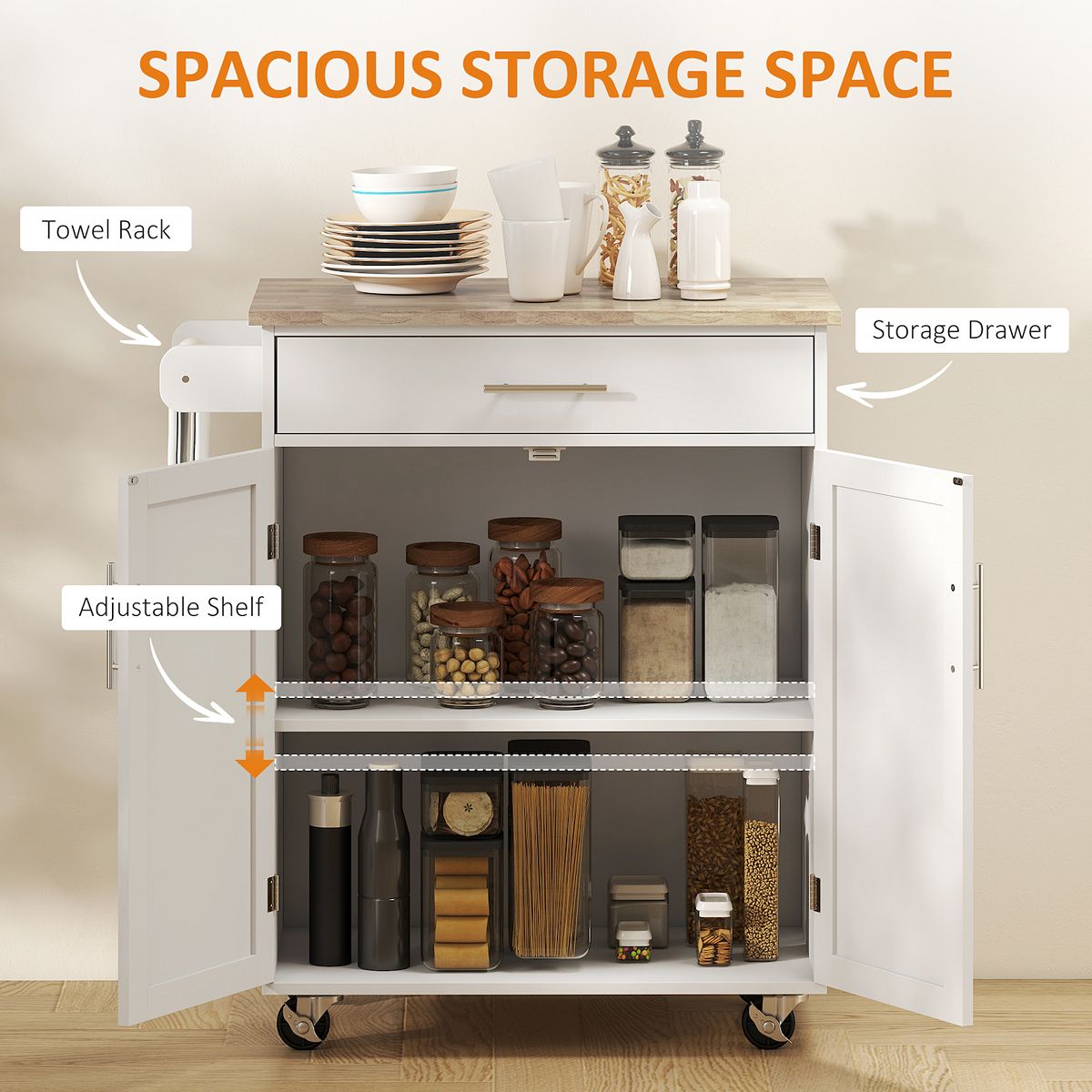 Storage island cart with labeled spacious storage drawer and adjustable shelf
