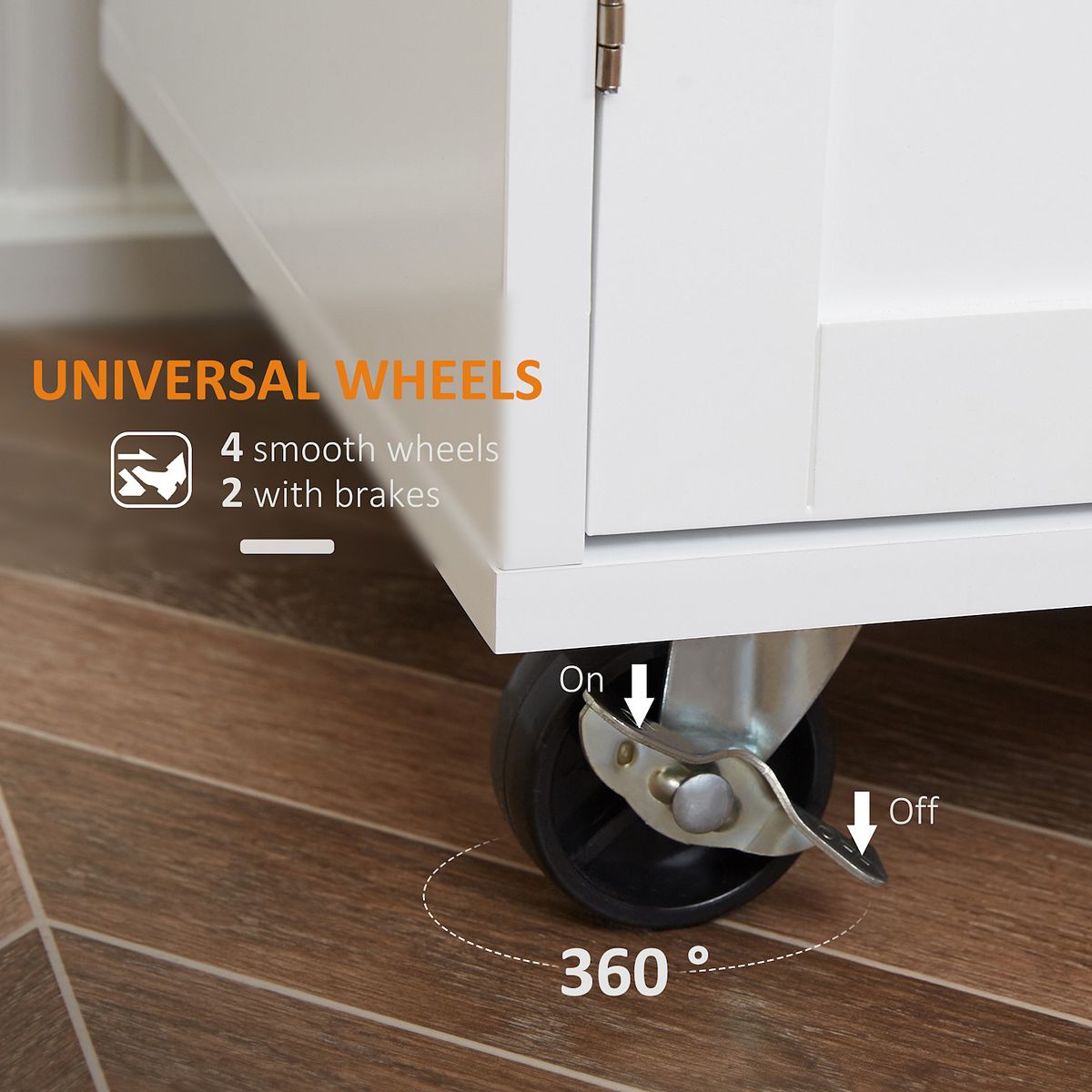 360° swivel caster base with brakes on white storage island cart