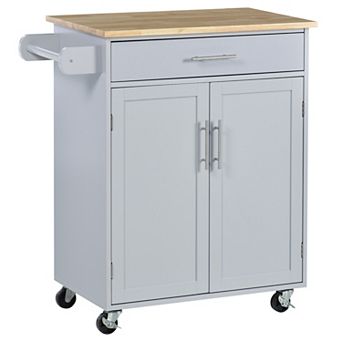 HOMCOM Kitchen Island Cart Rolling Trolley Cart with Drawer Storage Cabinet and Towel Rack Grey