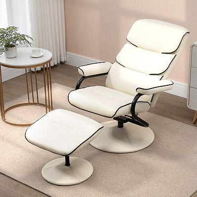 HOMCOM Recliner Chair with Ottoman Swivel PU Leather High Back Armchair w/ Footrest Stool 135 degree Adjustable Backrest and Thick Foam Padding for Home Office or Living Room Cream White