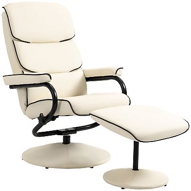 Pu Leather Sofa High Back Recliner Armchair W/ Padded Ottoman, Cream White