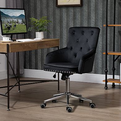 HOMCOM Modern Mid back Desk Chair with Nailhead Trim Swivel Home Office Chair with Button Tufted Velvet Back Adjustable Height Curved Padded Armrests and Rocking Function Black