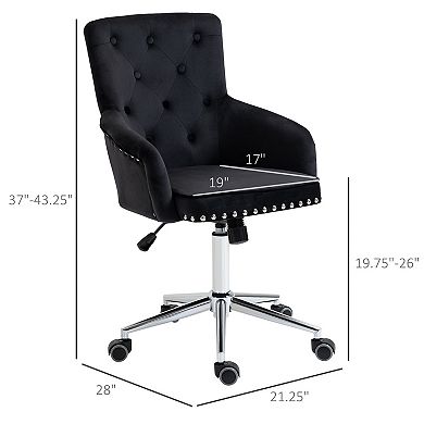 HOMCOM Modern Mid back Desk Chair with Nailhead Trim Swivel Home Office Chair with Button Tufted Velvet Back Adjustable Height Curved Padded Armrests and Rocking Function Black