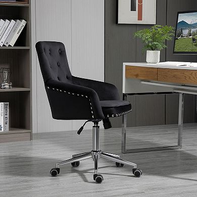 HOMCOM Modern Mid back Desk Chair with Nailhead Trim Swivel Home Office Chair with Button Tufted Velvet Back Adjustable Height Curved Padded Armrests and Rocking Function Black