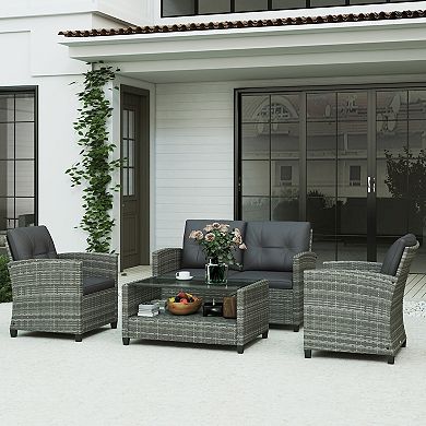 4-pc Outside Deck & Balcony Wicker Furniture Set W/ Seating & Coffee Table Grey