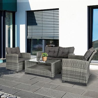 4-pc Outside Deck & Balcony Wicker Furniture Set W/ Seating & Coffee Table Grey
