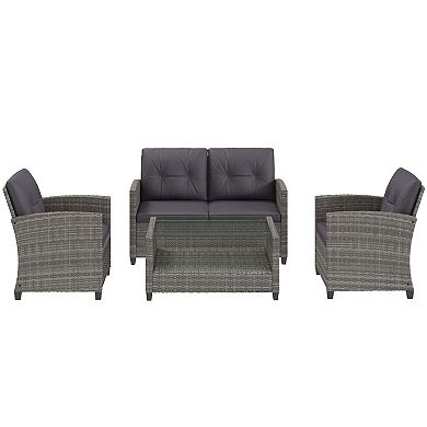 4-pc Outside Deck & Balcony Wicker Furniture Set W/ Seating & Coffee Table Grey