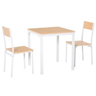 HOMCOM 3 pc Wooden Square Dining Table Set with 1 Table and 2 Chairs and Sturdy Metal Frame for Small Space White