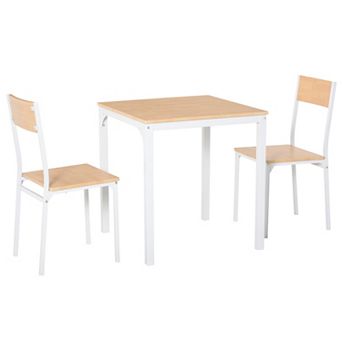 HOMCOM 3 pc Wooden Square Dining Table Set with 1 Table and 2 Chairs and Sturdy Metal Frame for Small Space White