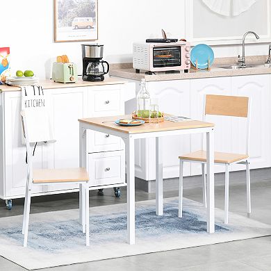 HOMCOM 3 Piece Wooden Square Dining Table Set with 1 Table and 2 Chairs and Sturdy Metal Frame for Small Space White