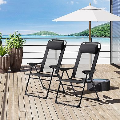 Set Of 2 Portable Folding Recliner Outdoor Patio Adjustable Backrest, Black
