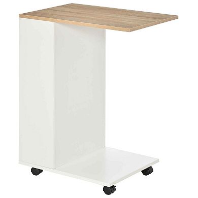 C-shaped Sofa End Table Coffee Table W/ Storage Shelves, 4 Wheels, Rustic Brown