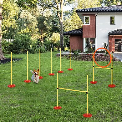 PawHut 3PCs Portable Pet Agility Training Obstacle Set for Dogs w/ Adjustable Weave Pole Jumping Ring Adjustable High Jump