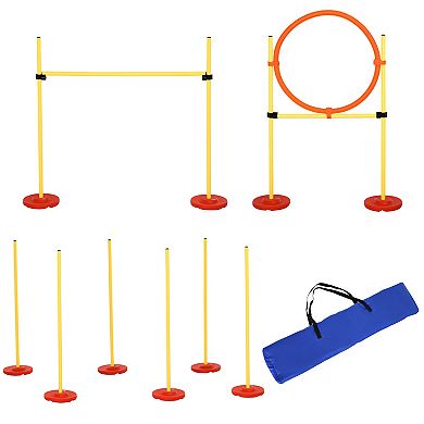 PawHut 3PCs Portable Pet Agility Training Obstacle Set for Dogs w/ Adjustable Weave Pole Jumping Ring Adjustable High Jump