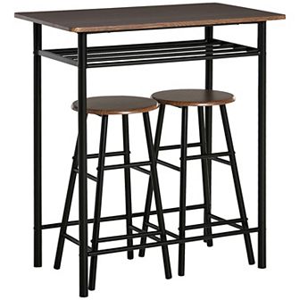 HOMCOM Bar Table Set 3 pc Counter Height Table Chair Set with 1 Table 2 Matching Stools Storage Shelf and Metal Frame Footrest White