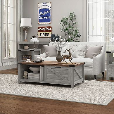 Wooden Farmhouse Living Room Table With Open Storage And Barn Door Design, White