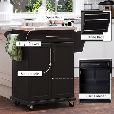 Wood Kitchen Island Cart Storage Box Cabinet  Drawer Trolley W/ Stainless Steel