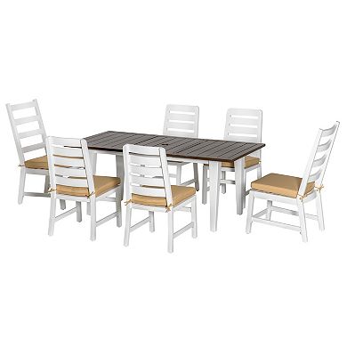 7 Pc Aluminium Outdoor Dining Furniture Set With Umbrella Hole & Seat Cushion