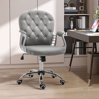Vinsetto Vanity Middle Back Office Chair Tufted Backrest Swivel Rolling Wheels Task Chair with Height Adjustable Comfortable with Armrests Grey