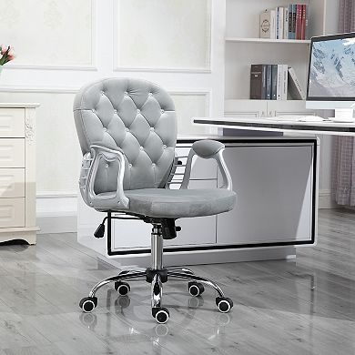 Vinsetto Vanity Middle Back Office Chair Tufted Backrest Swivel Rolling Wheels Task Chair with Height Adjustable Comfortable with Armrests Grey