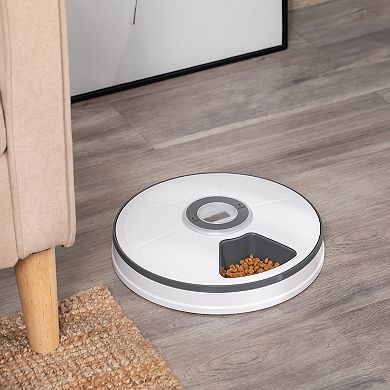 PawHut Battery Powered Automatic Feeder for Pets with Digital LED Display Timer 6 Meal Trays for Wet or Dry Cat Food Small Dog and Cat Meal Dispenser