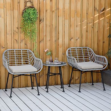 3-piece Rattan Bistro Outdoor Table & Chairs Furniture Patio Set, Garden, White
