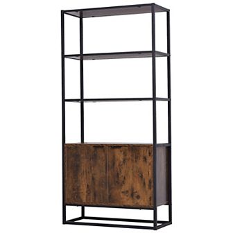 Tall Wooden Rustic 3 tier Open Space Shelving With Bottom Hutch Storage Unit