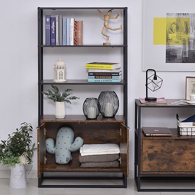 Tall Wooden Rustic 3-tier Open Space Shelving With Bottom Hutch Storage Unit