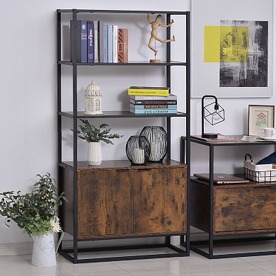 Tall Wooden Rustic 3-tier Open Space Shelving With Bottom Hutch Storage Unit