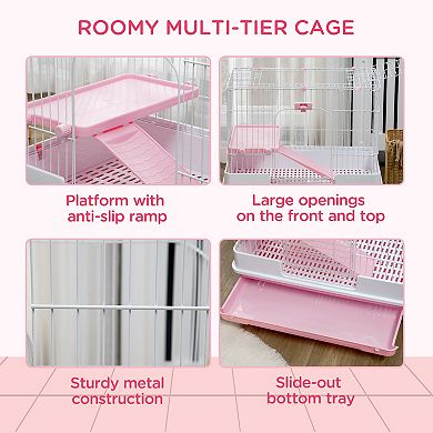 PawHut 2-Level Small Animal Cage with Wheels, Tray, Platform, Ramp