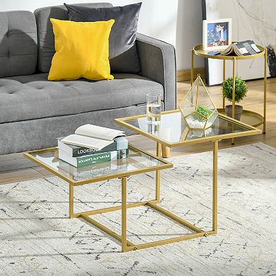 38" Glass Top Coffee Table, Small Accent Side Table W/ Metal Legs, Gold