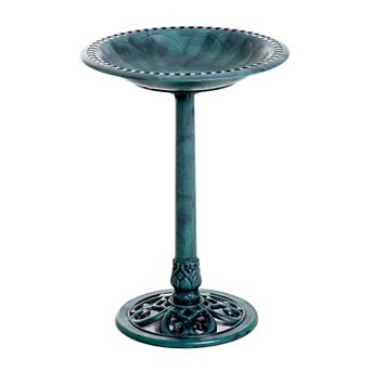 Outsunny 28'' Bird Bath Outdoor Resin Decor with Fleur De Lis Pattern Time Worn Finish
