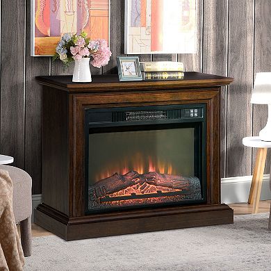 HOMCOM 31" Electric Fireplace with Dimmable Flame Effect and Mantel Freestanding Space Heater with Log Hearth and Remote Control 1400W Brown