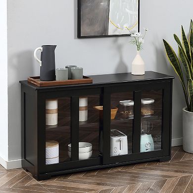 Modern Kitchen Storage Sideboard Credenza Cabinet With Sliding Glass Door, White