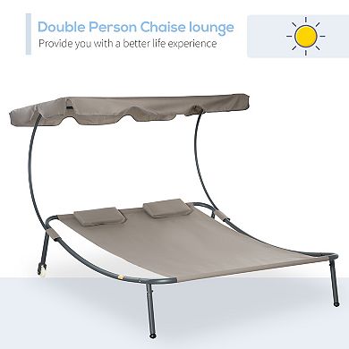 Outsunny Patio Double Chaise Lounge Chair, Outdoor Wheeled Hammock Daybed with Adjustable Canopy and Pillow for Sun Room, Garden, or Poolside, Grey